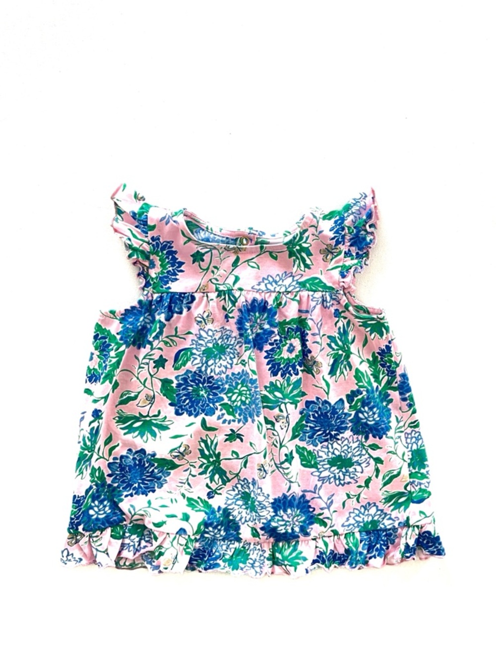 Lilly Pulitzer Pink Floral Ruffle Tank Dress with Blue & Green Flowers